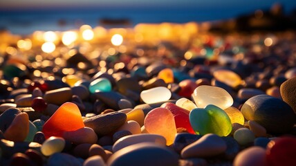 Colorful glass hearts on the beach at sunset. Colorful stones on the beach. - obrazy, fototapety, plakaty