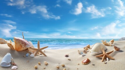 Obraz na płótnie Canvas Seashells on the beach at sunset. 3d rendering