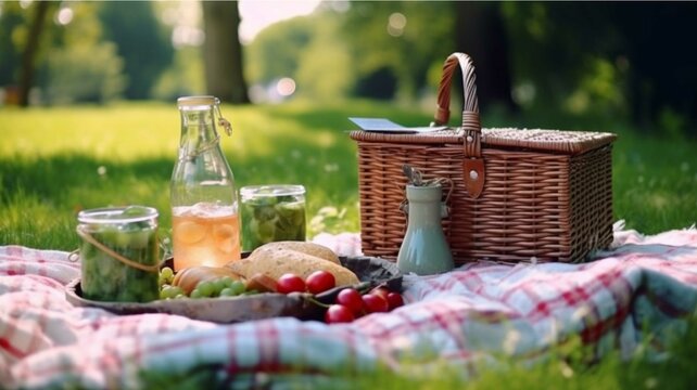 Picnic in the park. Picnic basket with fruit, wine, cheese, bread and croissant.