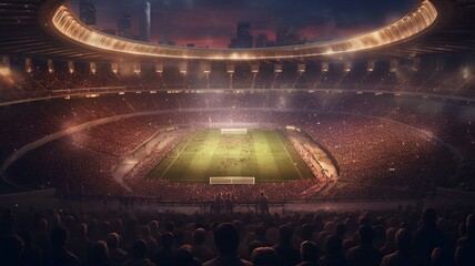 Crowd of people watching soccer match at night. 3D rendering
