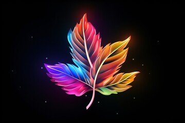 A colorful neon sticker of a leaf isolated on a black background
