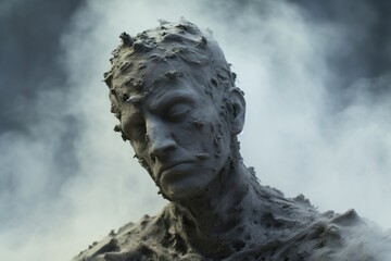 Sculpture of a made up of charcoal and ashes and disintegrating particles - obrazy, fototapety, plakaty