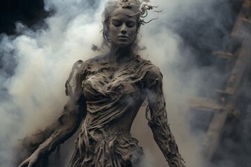 Illustration of a woman sculpture made up of ash, disintegrating - obrazy, fototapety, plakaty