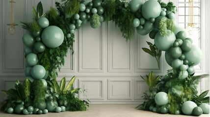 3d render of interior decor with green and blue balloons and plants