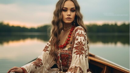 Beautiful young woman in embroidery sitting on a boat at sunset