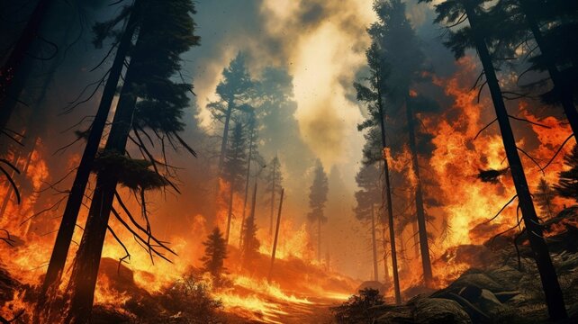 Forest fire in the forest, burning dry grass and trees in the foreground