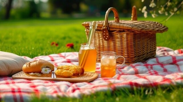 Picnic in the park. Picnic basket with fruit, wine, cheese, bread and croissant.