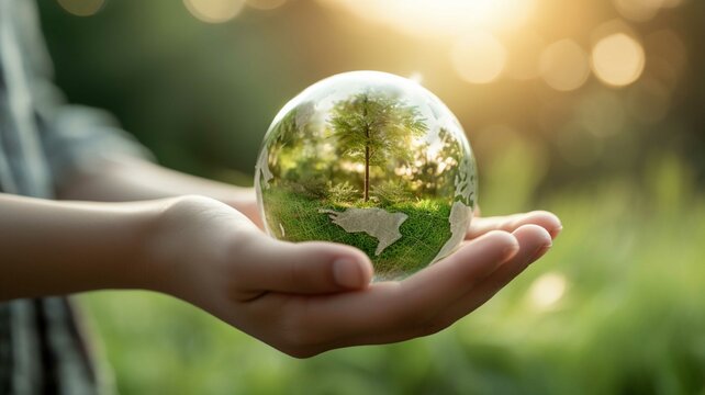 Child hands holding a glass globe with the image of a forest.