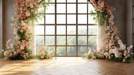 Interior of a wedding hall decorated with flowers 3d rendering