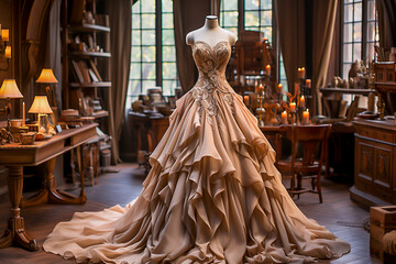 Haute couture evening lush beige full length dress with beautiful ornament in a tailor room, atelier with burning candles - obrazy, fototapety, plakaty