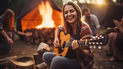 Woman playing guitar and singing at a campfire with friends. - obrazy, fototapety, plakaty