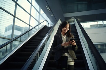Smiling korean female businessperson using phone apps moving on escalator. E-business, e commerce