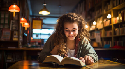 Teenager engrossed in a book in a retro cafe. 