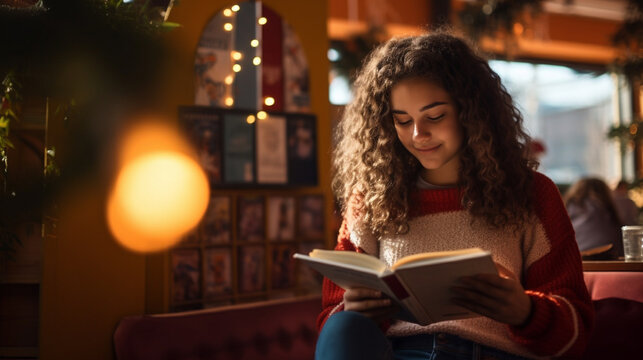 Teenager engrossed in a book in a retro cafe. 