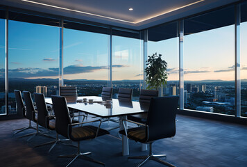 Modern office meeting room interior with glass windows. Created with Generative AI