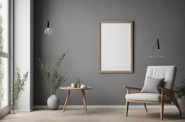 Vertical blank picture frame mockup on gray wall. Modern living room design