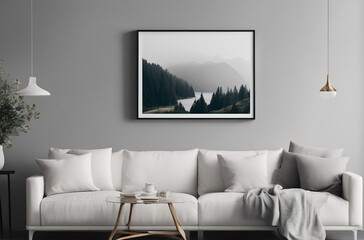 Picture frame mockup on gray wall. White living room design with artwork on the wall