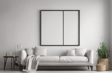 Blank picture frame mockup on white wall. Artwork in design interior. Modern Scandinavian style