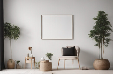 Blank picture frame mockup on white wall. White living room design. View of modern Boho-style interior