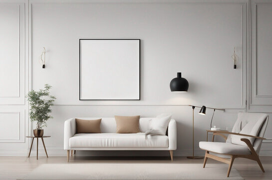 Blank square picture frame mockup on white wall. White living room design. View of modern Scandinavian-style living room interior.