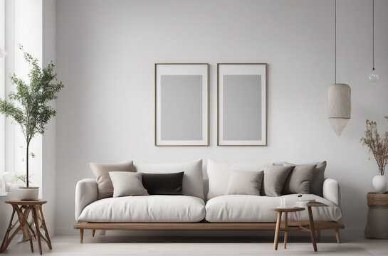 Two vertical blank picture frame mockups on a white wall. White living room design. View of modern Scandinavian home interior.
