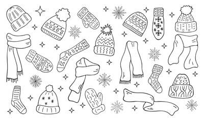 Warm knitted clothing set. Winter accessories collection in doodle style. Hats, mittens, socks, scarves isolated. background. Line illustration