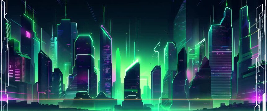 Anamorphic video neon lights of futuristic city. Beautiful blue and green background.