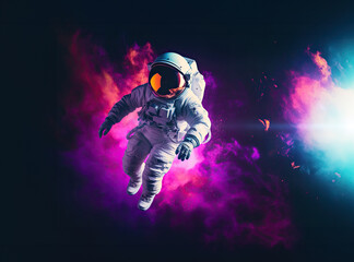 Fototapeta premium A cosmonaut in a rainbow of neon colors, a surreal colorful journey