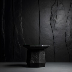 table for product display on dark stone and rock background. Dark stone podium, minimalism style.
