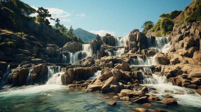 The waterfall flows from the top of steep mountain rocks against a clear sky in the background