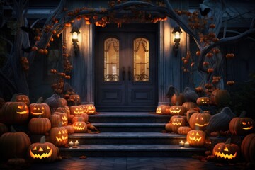 Obraz premium A Spokey Halloween doorway decorated with pumpkins and oranges