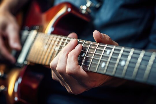 Close-up of hands playing electric guitar