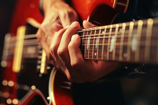 Close-up of hands playing electric guitar