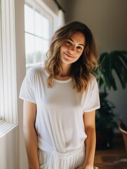 Fototapeta premium white female posing wearing a white T-Shirt and jeans 
