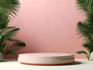 Obraz premium Pink podium mockup for product display background. with palm leaves.