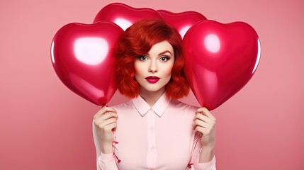 red hair girl holding love balloons 
