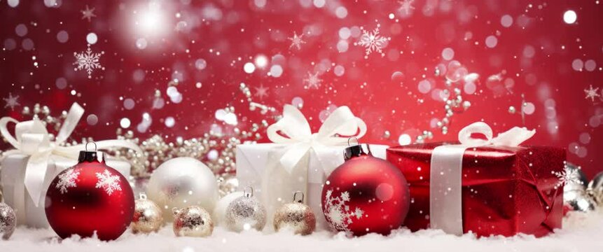 Anamorphic video Christmas background with a red and white theme. With presents, decorations and tinsel.
