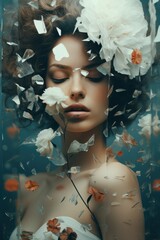 Artistic Portrait of a Fictional Beautiful Woman and Dreamlike Shattered Glass Effect. Generative AI Illustration.