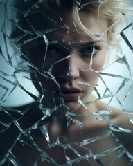 Artistic Portrait of a Fictional Beautiful Woman and Dreamlike Shattered Glass Effect. Generative AI Illustration.