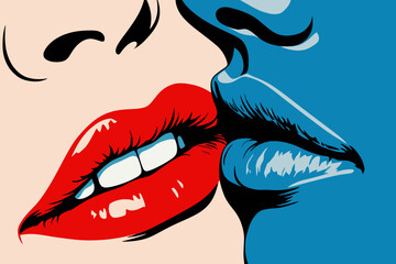 Sexy female lips on colorful background. Cartoon vector illustration in pop art style.