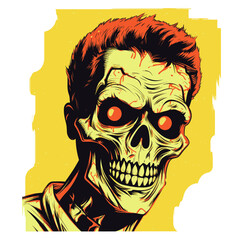 Vector illustration of a zombie head in pop art style. Cartoon vector illustration.