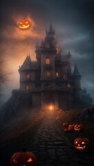 Fototapeta na wymiar haunted castle halloween, Jack-o'-lantern, Generative AI