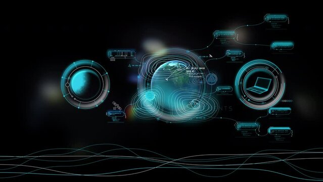 Animation of virtual infographic elements with Earth hologram