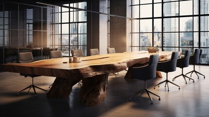 A conference room with a live-edge wooden table