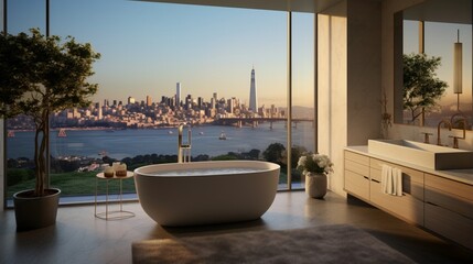 Fototapeta na wymiar A contemporary bathroom with a freestanding soaking tub and city views