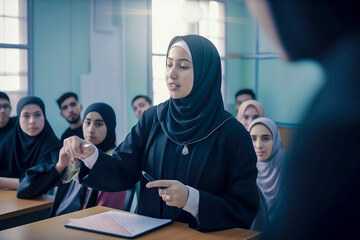Celebrating Wisdom and Unity: Arab Educator Inspires Muslim Girls in Traditions and Knowledge Sharing, ai generative
