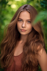 Naklejka premium Graceful Beauty: Young Brunette Woman with Long Hair Radiates Elegance in a Serene Park Setting, ai generative