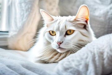 a closeup view of white cat, sitting in the bed, day light view