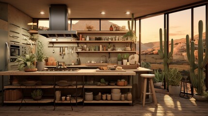 A contemporary desert-inspired kitchen with earthy tones and desert plant decor