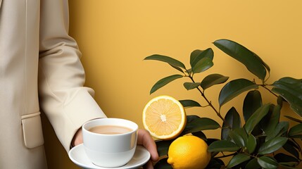 Top view photo of a man's hand in a white jacket touching a cup of coffee in a white glass with a lemon slice